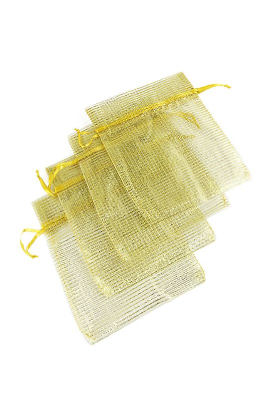 Organza Bag with Metallic strip chord tie -  Gold - Set of 50