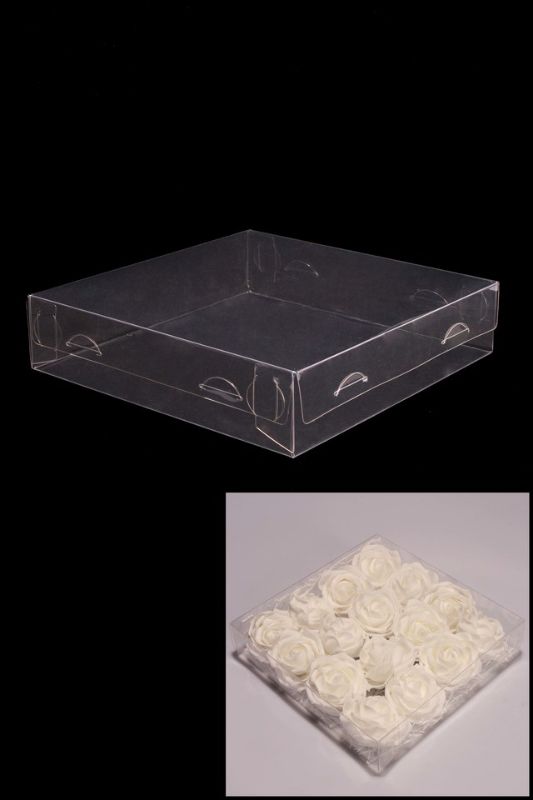 Clear PVC display boxes, 21x21x4.8cm, ideal for showcasing products and collectibles while offering dust protection. Minimum 50pcs.