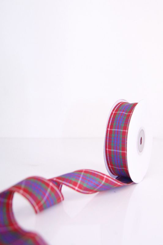 White and red tartan ribbon, 23mm wide and 22.86m long, ideal for crafting, gift wrapping, and adding festive touches.