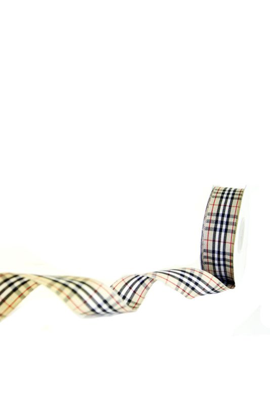 Elegant Bone Tartan Ribbon #5, 23mm wide, 22.86m long, perfect for gift wrapping and crafting projects.