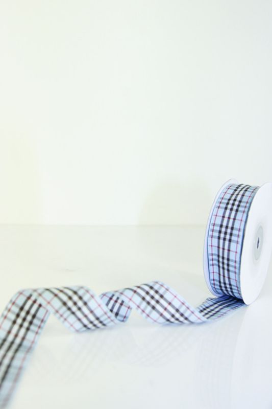 Light blue tartan ribbon #6, 23mm wide, 22.86m long, perfect for gift wrapping, crafting, and party decor.