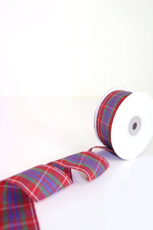 Elegant white and red tartan ribbon, 38mm wide, perfect for gift wrapping and crafting projects, 25 yards long.