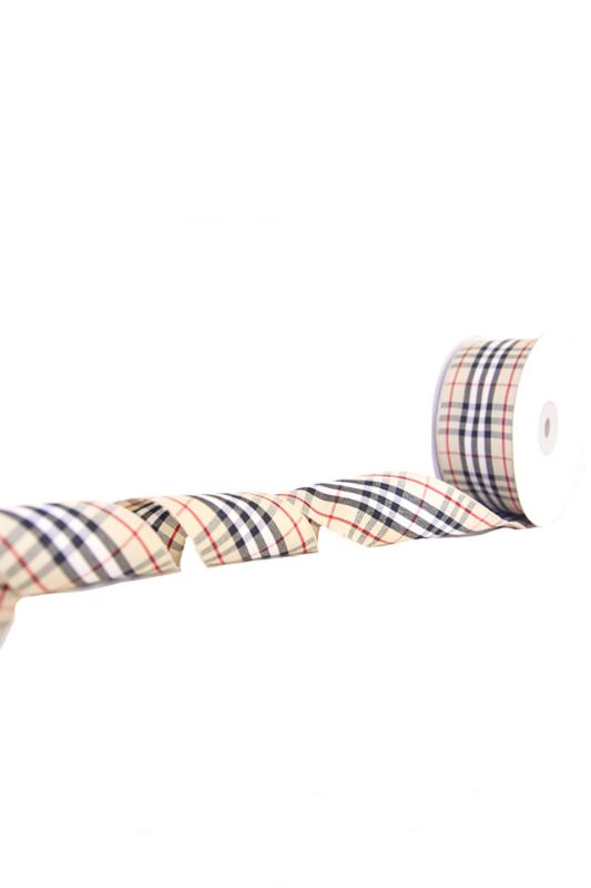 Elegant Bone Tartan Ribbon #5, 38mm wide, perfect for gift wrapping and crafts with a timeless design.