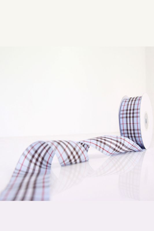 Light blue tartan ribbon, 38mm wide and 22.86m long, perfect for elegant gift wrapping and crafting projects.