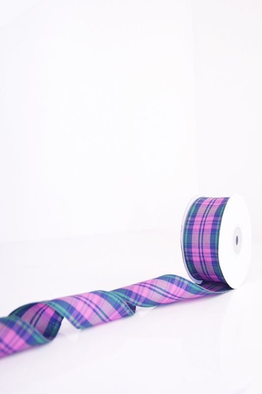 Orchid tartan ribbon, 38mm wide, 22.86m long, perfect for gift wrapping and craft projects. Elegant and versatile design.