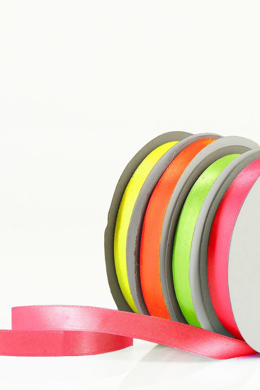 Vibrant set of 5 neon satin ribbons, 10mm wide, perfect for creative projects, gift wrapping, and decorations.