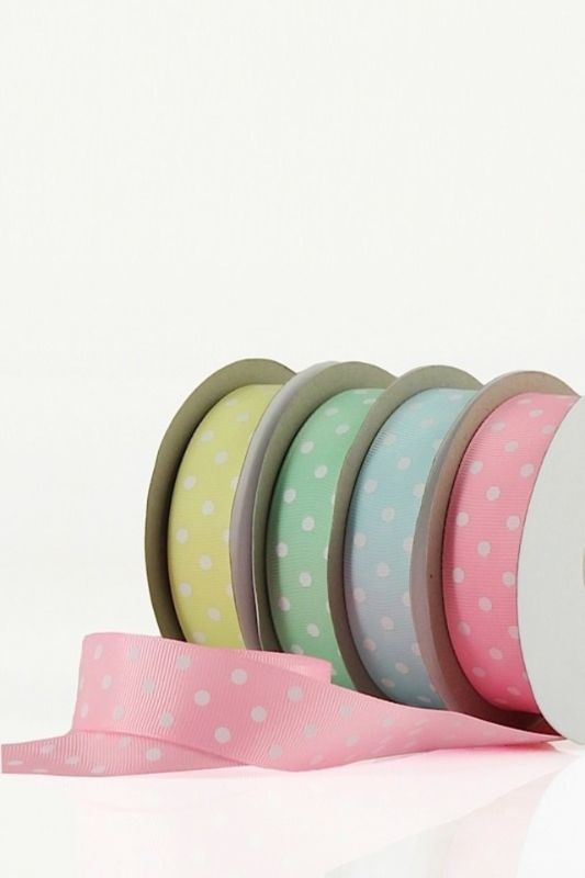 Yellow and white polka dot grosgrain ribbon set of 5, 25mm wide, perfect for crafting and gift wrapping projects.