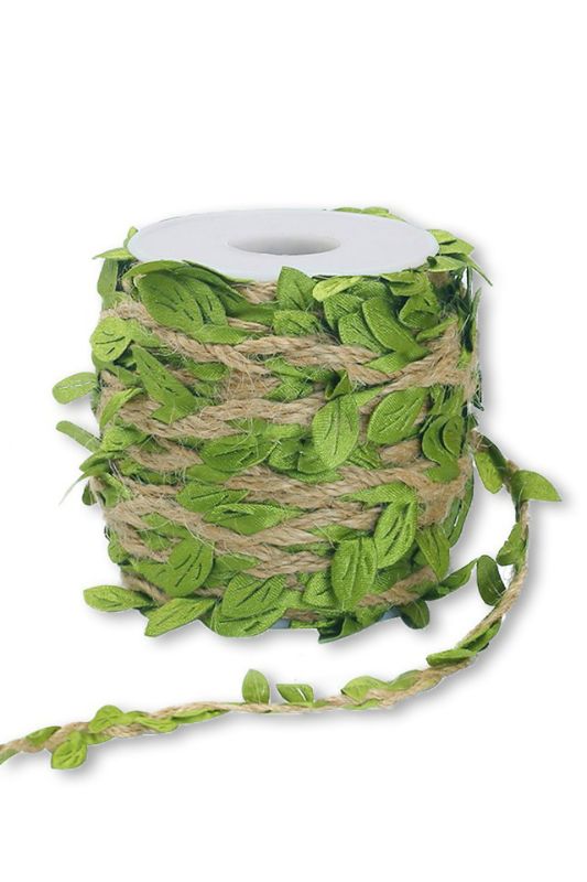 Natural twine rope with mini artificial leaves, ideal for gift wrapping and rustic crafts, 25m long.