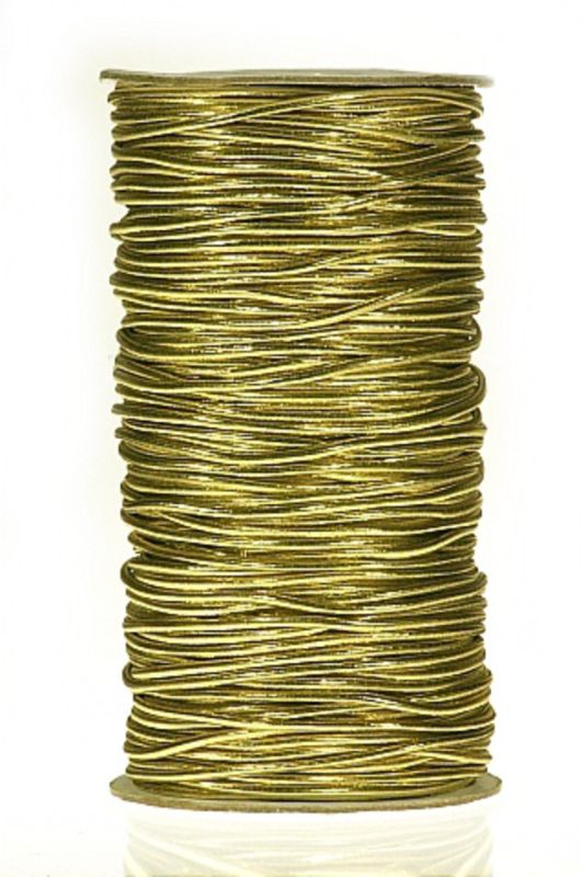 Gold elastic braid ribbon on a 100m roll, perfect for gift wrapping and crafts with a durable, stretchy design.