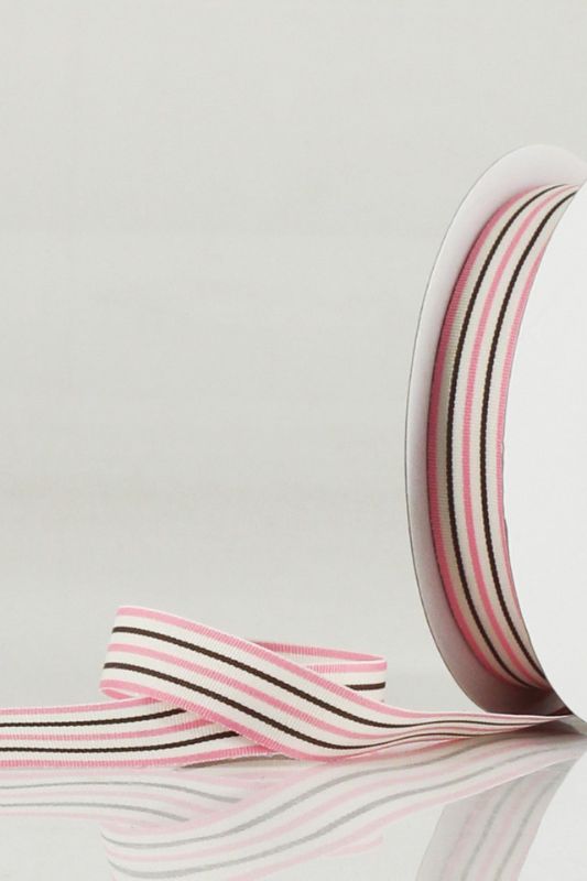 Pink and brown striped grosgrain ribbon set of 5, perfect for crafting, gift-wrapping, and DIY projects.