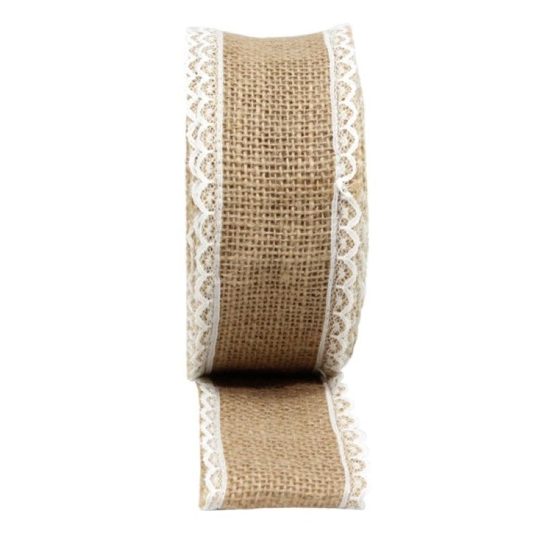 Natural jute ribbon with double edges, 5cm wide and 10m long, ideal for rustic crafts, gifts, and decorations.
