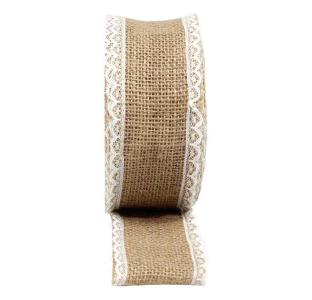 Natural jute ribbon with double edges, 5cm wide and 10m long, ideal for rustic crafts, gifts, and decorations.