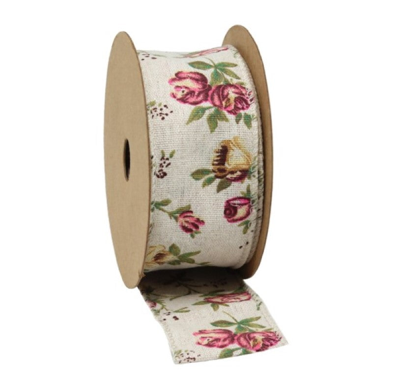 Elegant ribbon featuring a floral rose pattern with wired edges, perfect for crafting, decorating, and gift wrapping.