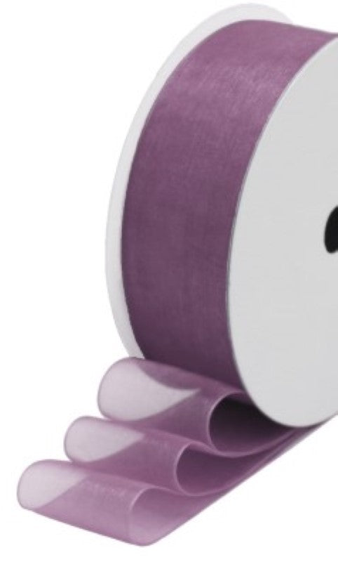 Amethyst organza ribbon roll, 25mm wide and 25m long, perfect for elegant crafts, gift wrapping, and event decor.