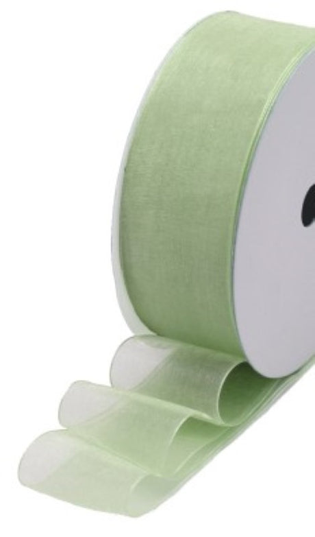 Soft mint organza ribbon roll, 25mm x 25m, perfect for gift wrapping and decorations for weddings and celebrations.