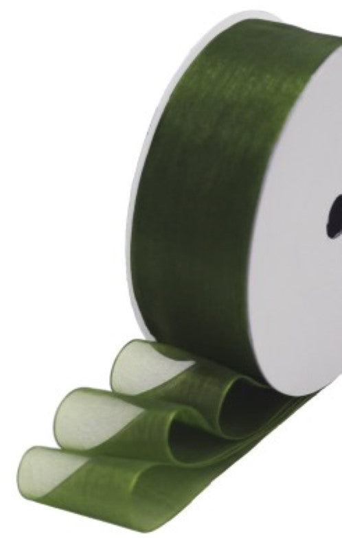 Moss green organza ribbon roll (25mm x 25m) ideal for crafting, gift wrapping, and elegant decorations.