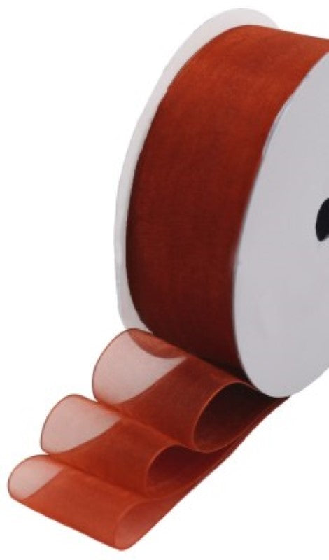 Sheer rust organza ribbon roll, 40mm wide and 50m long, perfect for elegant crafting and decorating.