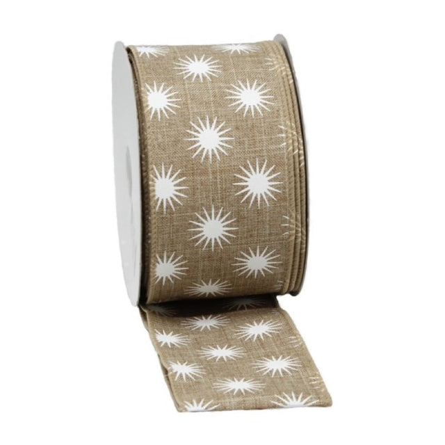 Natural jute ribbon with white stars, ideal for crafts, gift wrapping, and decorations, 60mm x 20m roll.