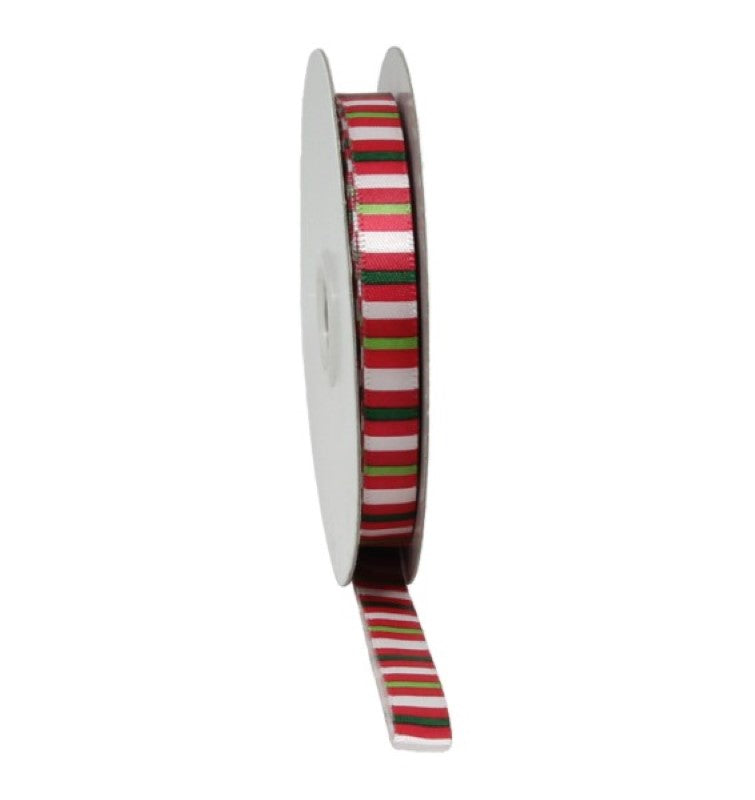 Red and green striped ribbon, 10mm x 20m, perfect for festive decorating, gift wrapping, and DIY Christmas projects.