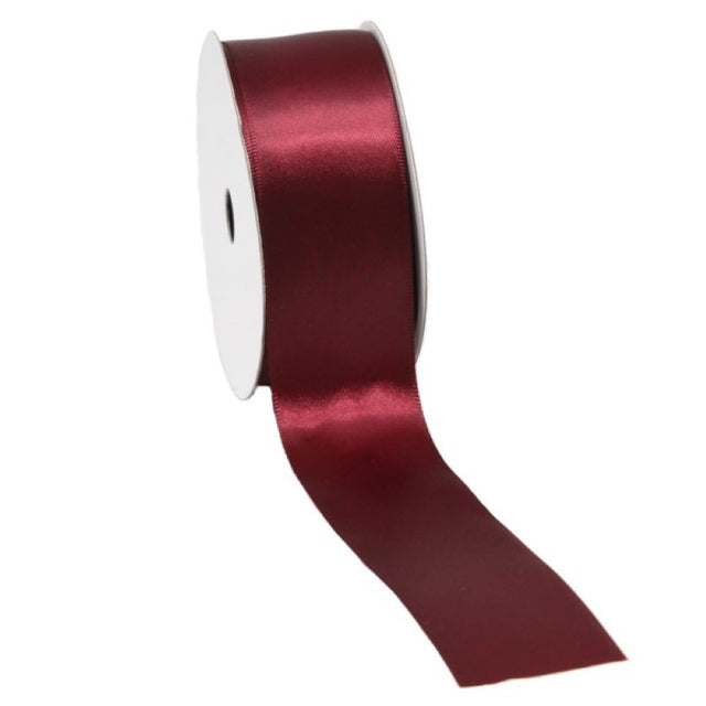 Luxurious 38mm wide burgundy satin ribbon, perfect for elegant gift wrapping and crafting projects.