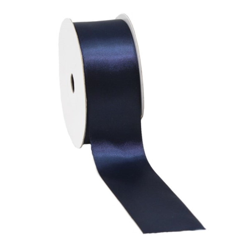 Luxurious midnight blue satin ribbon, 38mm wide and 25m long, perfect for elegant crafting and gift wrapping.