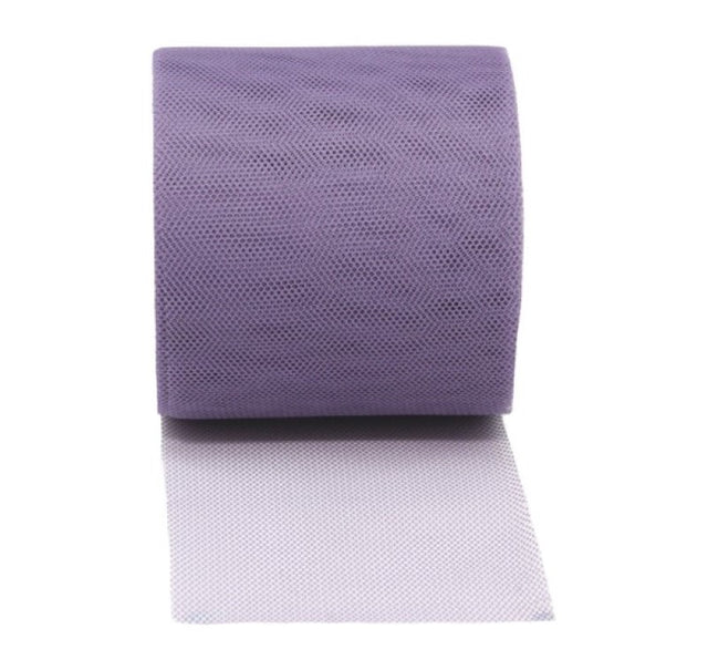 Purple tulle ribbon, 10cm wide and 25m long, perfect for crafting, decorations, and elegant bows.
