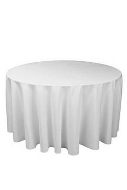 Set of 5 white round polyester table covers, durable, wrinkle-resistant, 320cm diameter, perfect for events and dining.