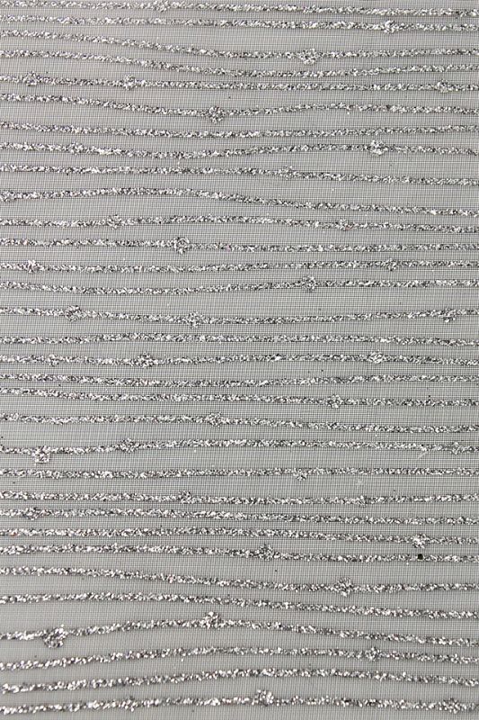 Sheer silver glitter stripe table runner on tulle, enhancing dining decor with elegance and whimsy, sized 28 x 270 cm.