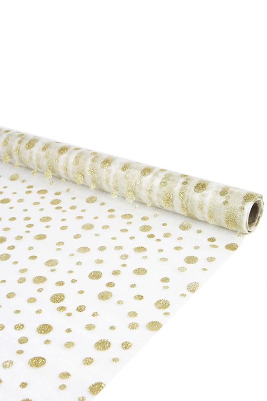 Elegant gold sheer wrap with metallic polka dots, perfect for gift wrapping and DIY projects, measuring 47cm x 9.14m.