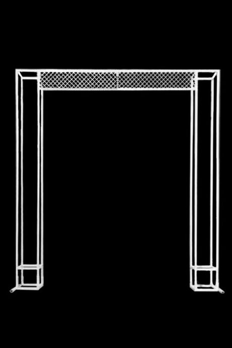Elegant white lattice arbour frame backdrop for events, customizable with florals and extension bars for a unique aesthetic.