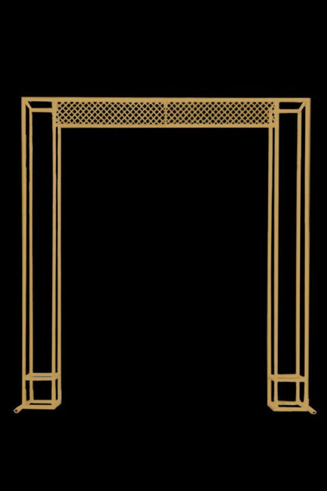 Gold lattice arbour frame backdrop for events, featuring a versatile design for florals and customizable setups.