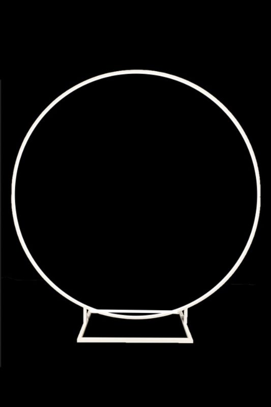 Elegant white round flower frame backdrop, 180cm wide, perfect for weddings and events, easy to assemble, and durable.