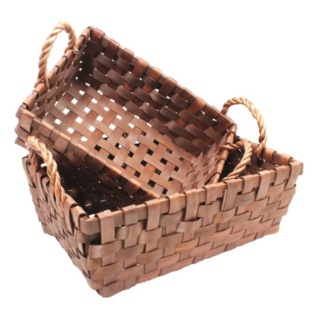 Stylish set of 2 brown woven rectangle baskets with handles, great for storage and home organization.