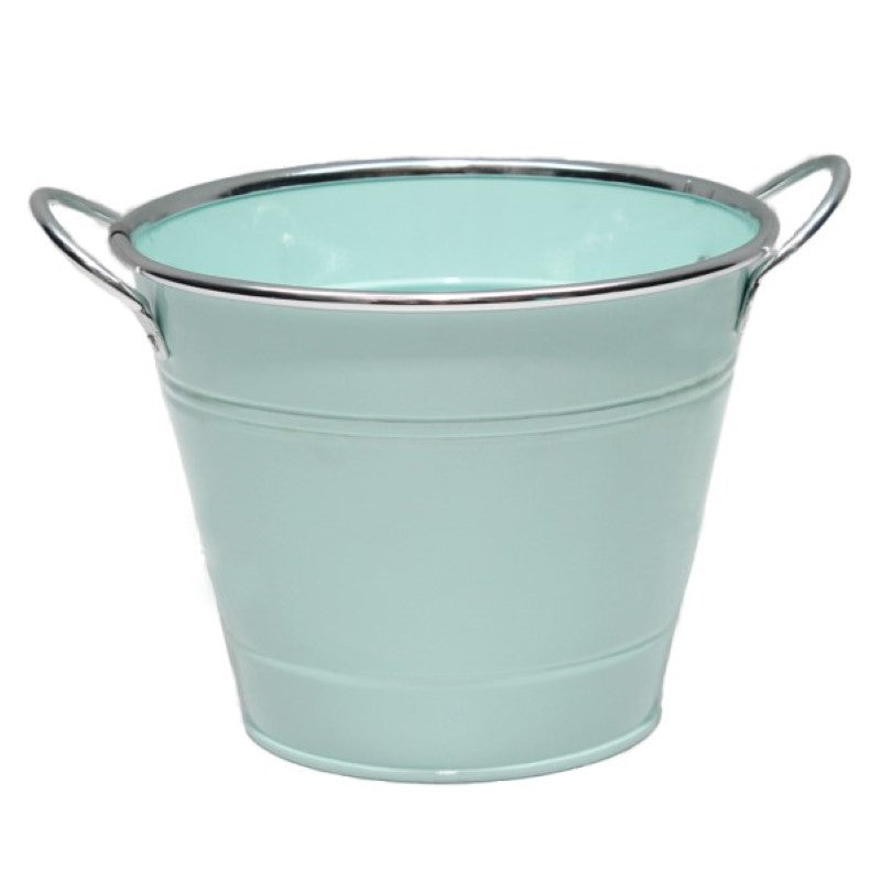 Mint decorative tin bucket with sturdy handles, perfect for flowers, storage, or as a stylish centerpiece.