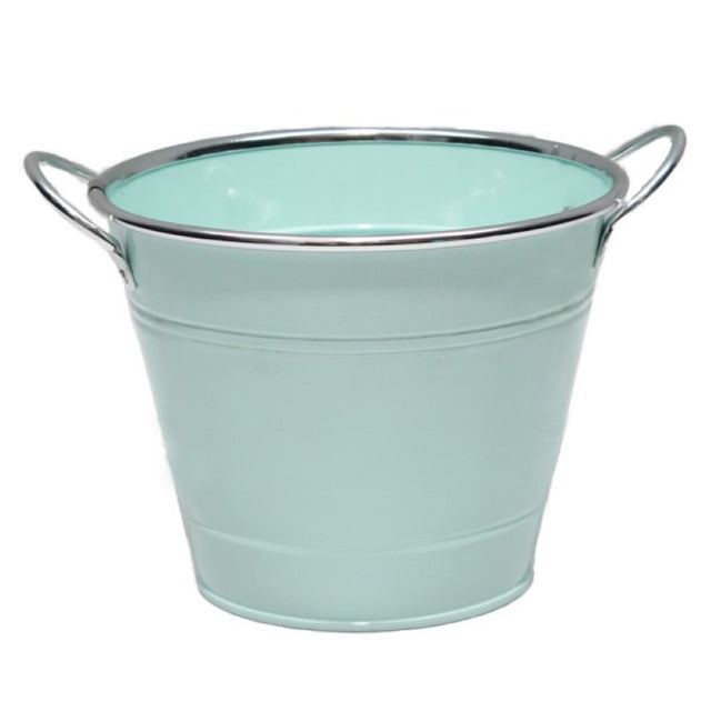 Mint decorative tin bucket with sturdy handles, perfect for flowers, storage, or as a stylish centerpiece.