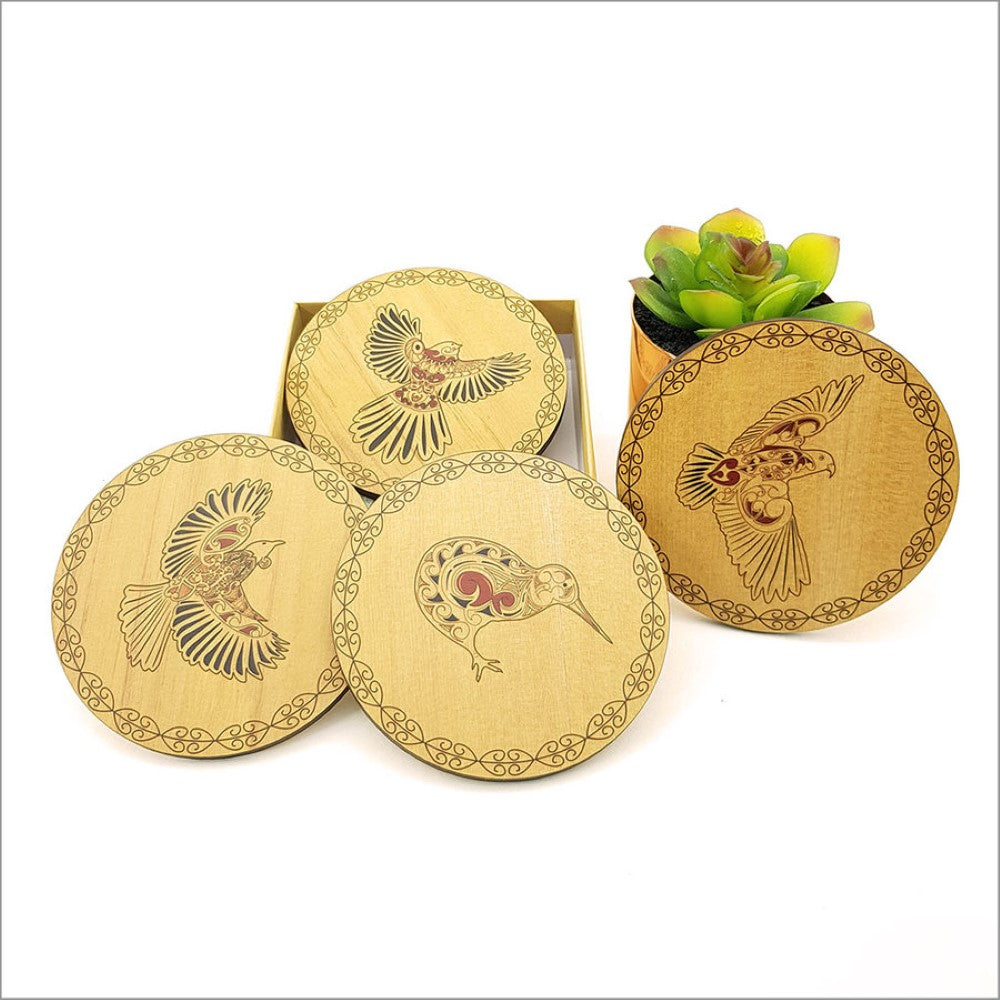 Coasters Set - KWW Birds Printed Rimu (10cm x 0.4cm)