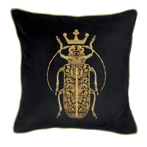 Cushion Cover - Hand Embroidered  - Black with Gold Bug