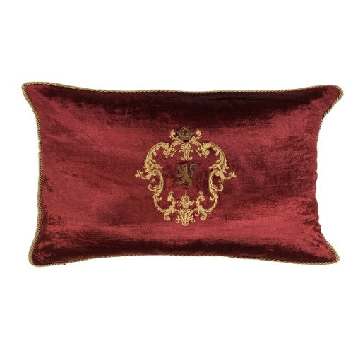 Cushion Cover - Hand Embroidered  - Maroon with Gold Lion Wreath