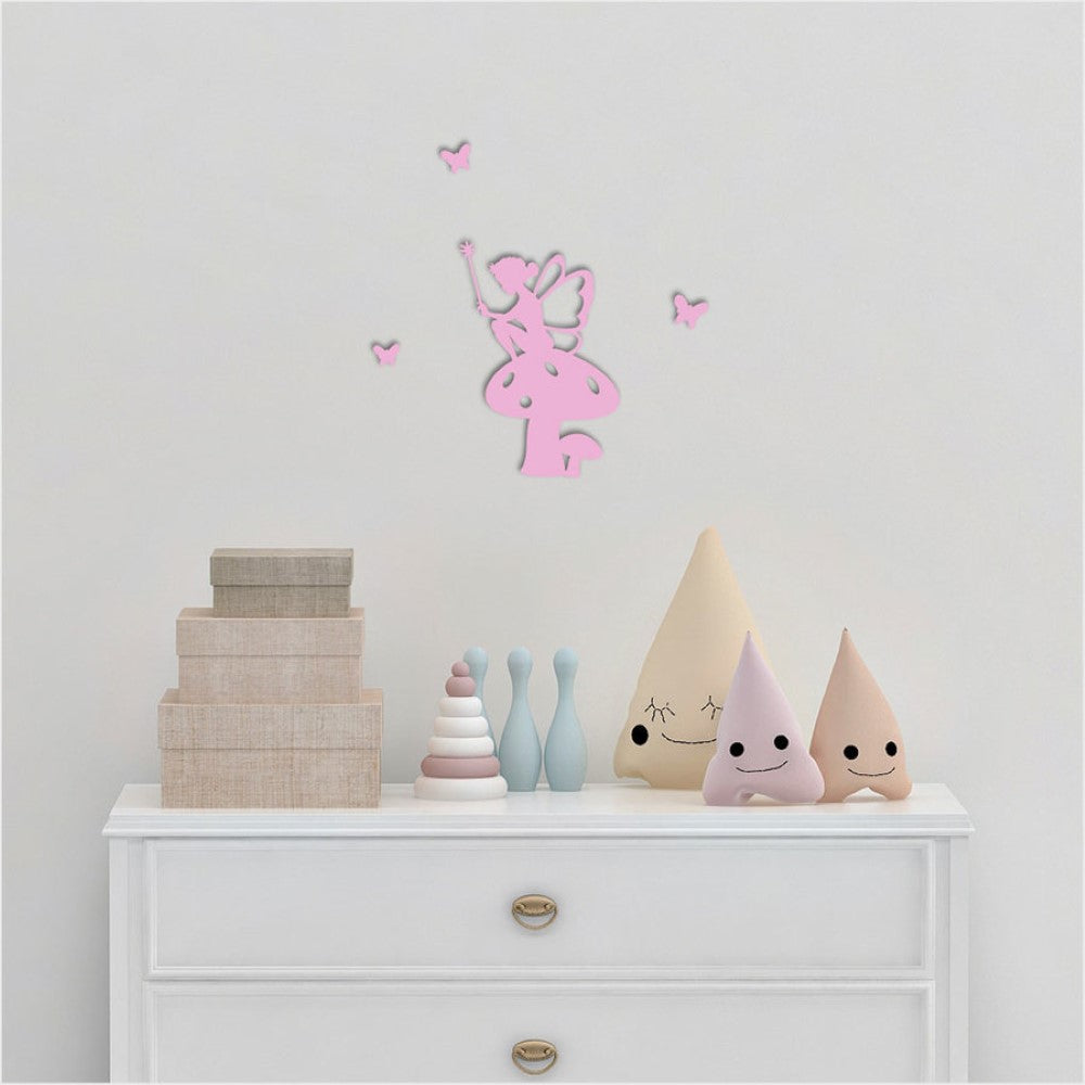 Wall Art - Tinkerbell on Toadstool with Butterflies (Pink MDF)