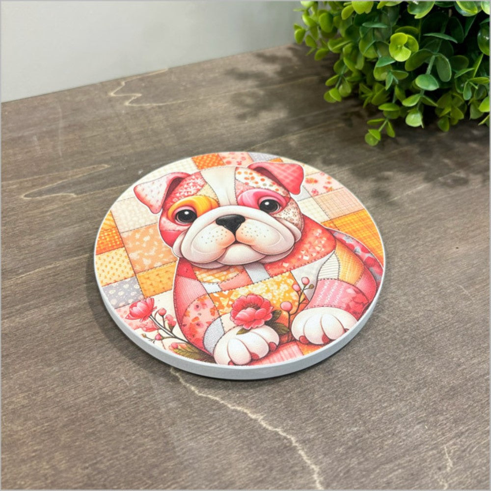 Wall Art - Canvas Circle Patchwork Bulldog 1 Pink (25cm)