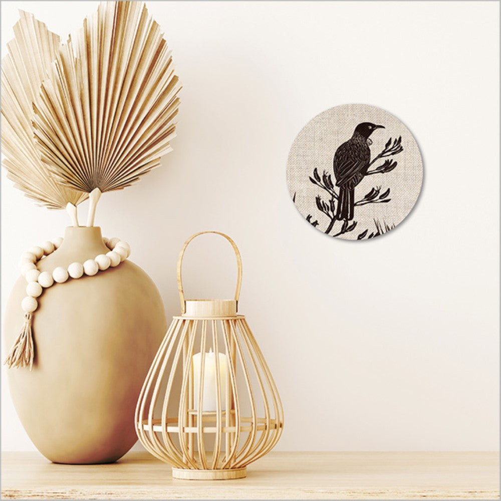 Printed Wall Art - Canvas Circle Tui on Flax (15cm)