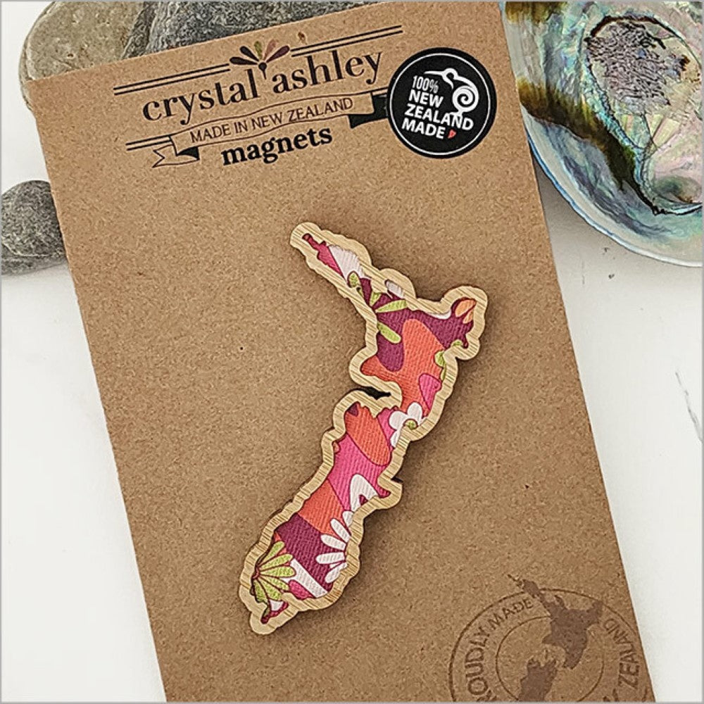 Magnet - NZ Map Retro Floral Pink (4.5 x 8cm)