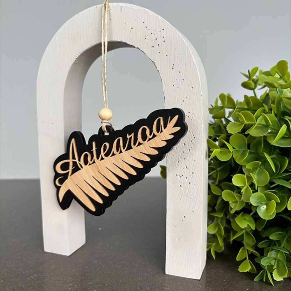 Hanging Ornament - Silver Fern Aotearoa (Black Acrylic)