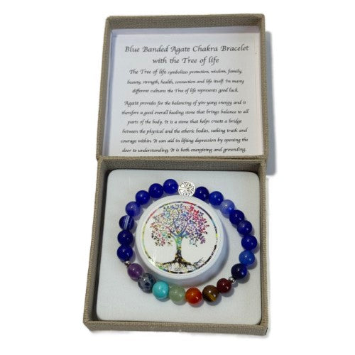 Chakra Bracelet - Blue Banded Agate & Tree of Life Bead