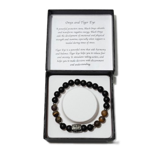 Men's Bracelet - Matte Onyx Matte Tiger Eye & Greek Letter Bead