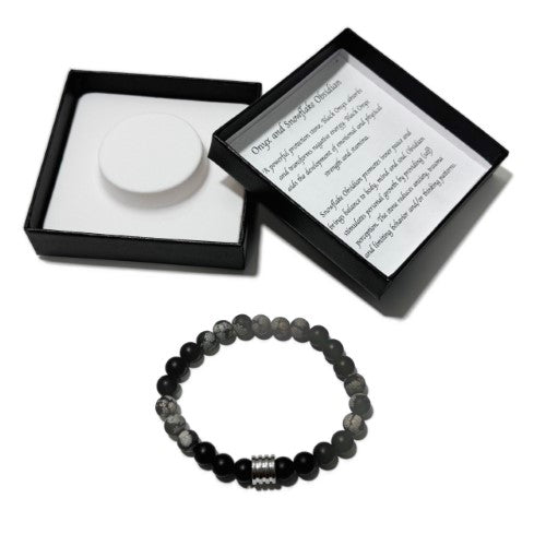 Men's Bracelet - Matte Onyx Matte Snowflake Obsidian & 4 Ring Bead