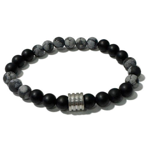 Men's Bracelet - Matte Onyx Matte Snowflake Obsidian & 4 Ring Bead