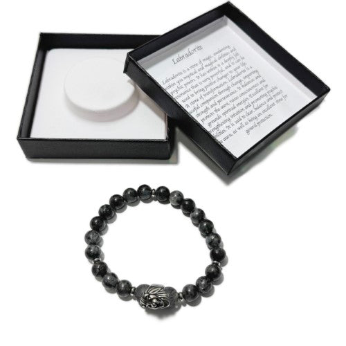 Men's Bracelet - Dark Labradorite & Lion Head Bead