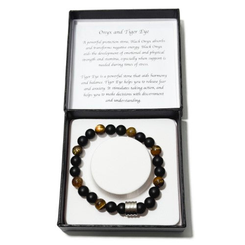 Men's Bracelet - Matte Onyx+Tiger Eye & 4 Ring Bead