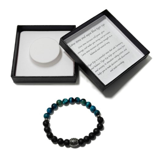 Men's Bracelet - Lavastone & Aqua Blue Tiger Eye